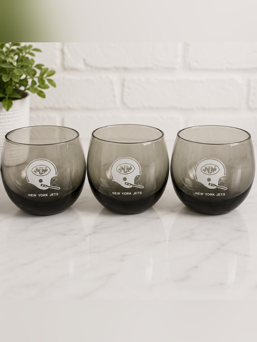 Vintage NY Jets Smoked Glass Tumbler Set of 3 NFL Whiskey Glasses